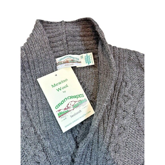 Aran Crafts Sweater Mens Size XXL Gray Merino Wool Cardigan Shawl Collar Cable - Picture 3 of 8